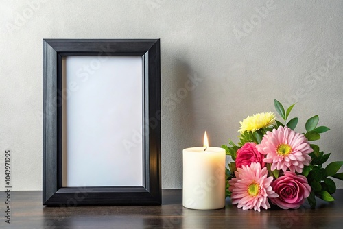 Empty black frame mockup with flower and candle decoration photo