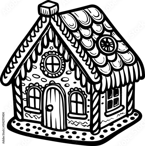 Whimsical Gingerbread House Line Art Vector Illustration