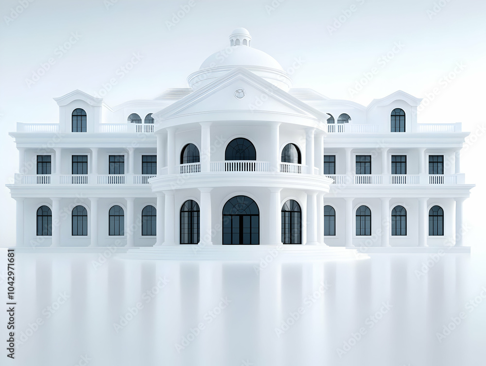 Elegant white mansion with classic architecture, featuring arched windows and a dome, isolated on a soft background. Elegant white mansion with classic architecture, featuring arched windows and a dome, isolated on a soft background.