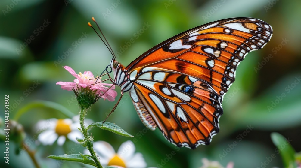 A colorful butterfly captured in stunning detail as it perches on a flower, symbolizing the beauty and elegance of transformation A colorful butterfly captured in stunning detail as it perches on a flower, symbolizing the beauty and elegance of transformation