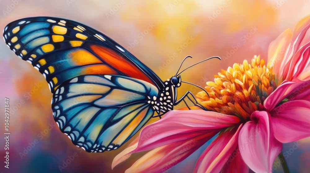 A colorful butterfly captured in stunning detail as it perches on a flower, symbolizing the beauty and elegance of transformation A colorful butterfly captured in stunning detail as it perches on a flower, symbolizing the beauty and elegance of transformation