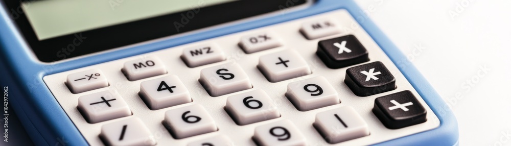 A close-up of a blue calculator with various buttons for mathematical functions. A close-up of a blue calculator with various buttons for mathematical functions.