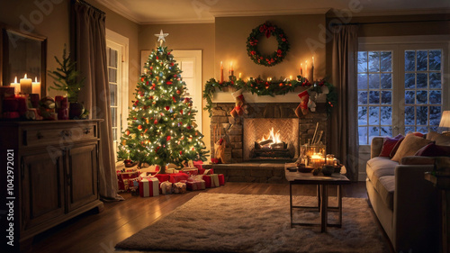 A cozy and festive living room decorated for Christmas, featuring a beautifully decorated Christmas tree, a crackling fireplace, wrapped gifts, and warm lighting.