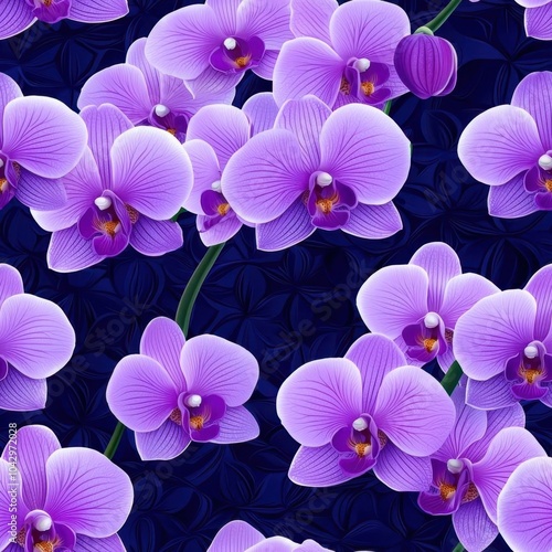 A seamless pattern with orchids in shades of purple and white on a rich, dark background, seamless Pattern