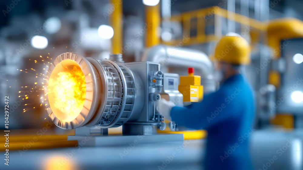 Engineer working on advanced turbine machinery with sparks, in a high-tech industrial environment. Engineer working on advanced turbine machinery with sparks, in a high-tech industrial environment.