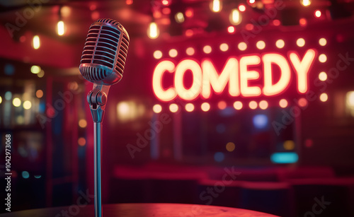 The retro microphone is placed on the stage of a comedy club with a glowing neon sign 