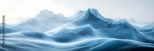 Abstract 3D Render of a Blue, Snowy, Foggy Mountain Landscape