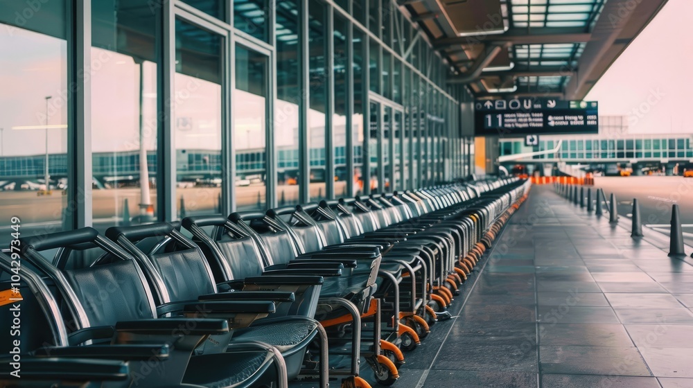 Obraz premium Row of empty luggage carts lined up outside airport terminal. Travel convenience, airport services, luggage handling, and passenger support.