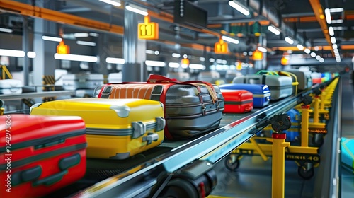 Luggage on a conveyor belt in an airport baggage handling area. Industrial logistics, airport operations, travel, and automated sorting systems.