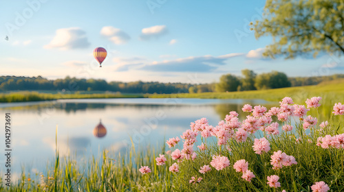 beautiful field of pinkish flowers, bright, dreamy, wide lens, lake with calm water, chary tree, hot balloon in the air with a lovely couple in the mid plane photo