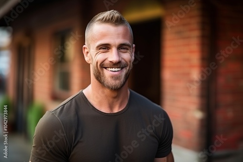 Portrait of a handsome young man smiling at the camera outdoors.