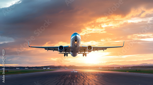 A commercial aircraft takes off from an airport runway under a bright and dramatic sky at sunset