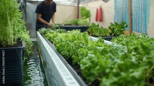 A diverse group of urban farmers practicing aquaponics, focusing on sustainable food production and environmental stewardship in city settings.