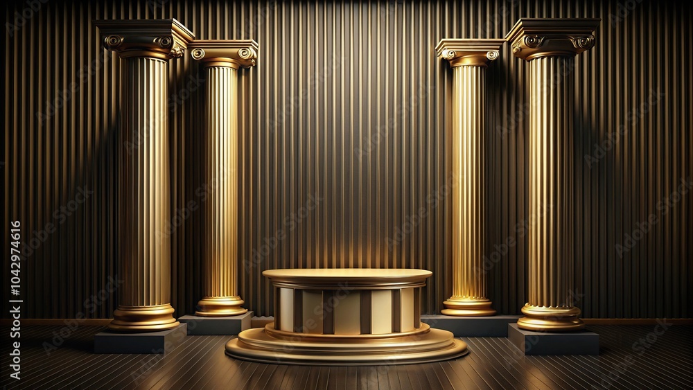 Elegant golden podium with classical columns and arches on black and gold background Elegant golden podium with classical columns and arches on black and gold background