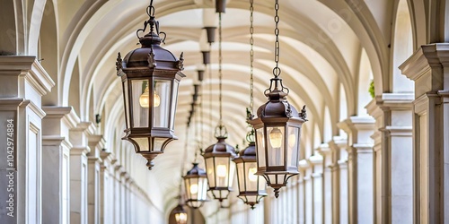 elegant lanterns hanging from white arcade