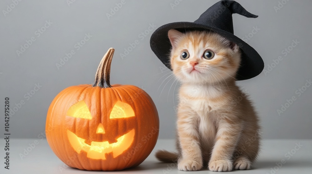 Adorable kitten in a witch hat sits beside a glowing jack-o'-lantern, AI Adorable kitten in a witch hat sits beside a glowing jack-o'-lantern, AI