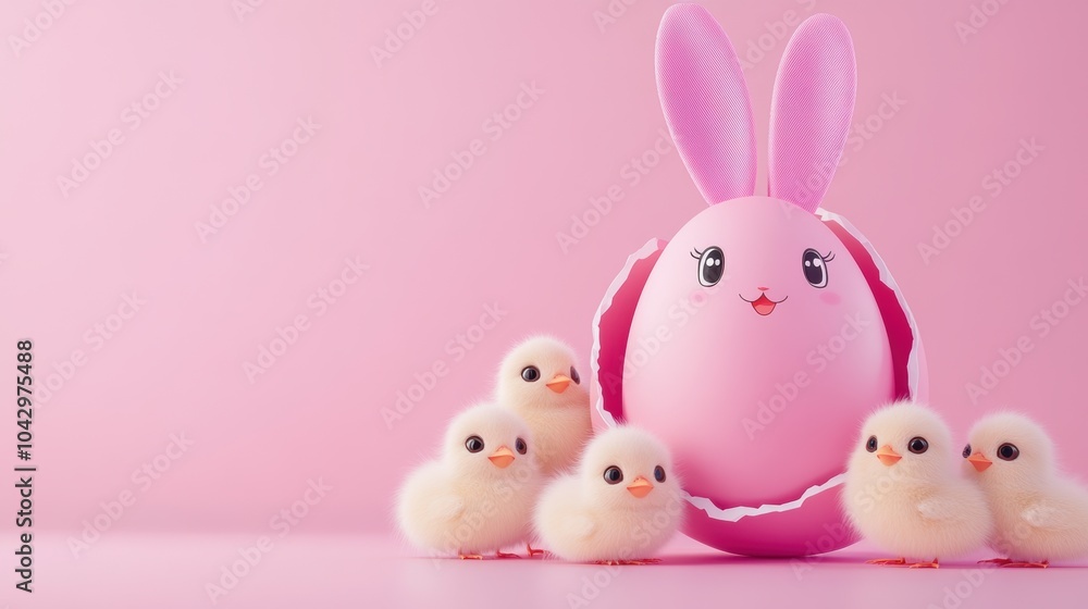 Fototapeta premium Cute chicks gather around a pink bunny egg on a pastel background, AI