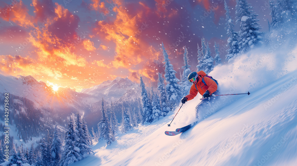 A group of friends enjoying a ski trip, carving through fresh powder with snow-covered trees A group of friends enjoying a ski trip, carving through fresh powder with snow-covered trees