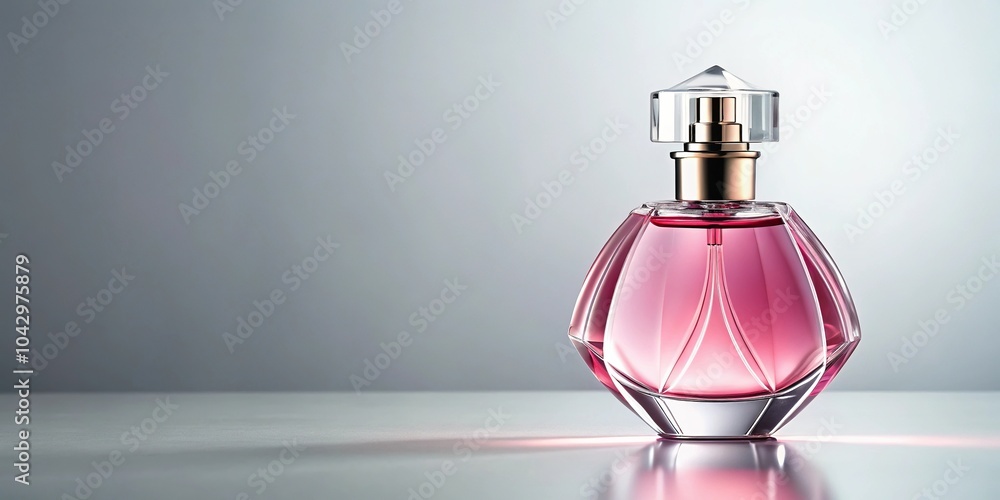 Elegant pink perfume bottle with crystal cap on white stand Elegant pink perfume bottle with crystal cap on white stand