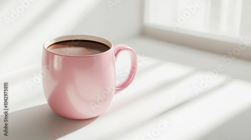 Pink Mug of Coffee with Sunlight and Window Shadow