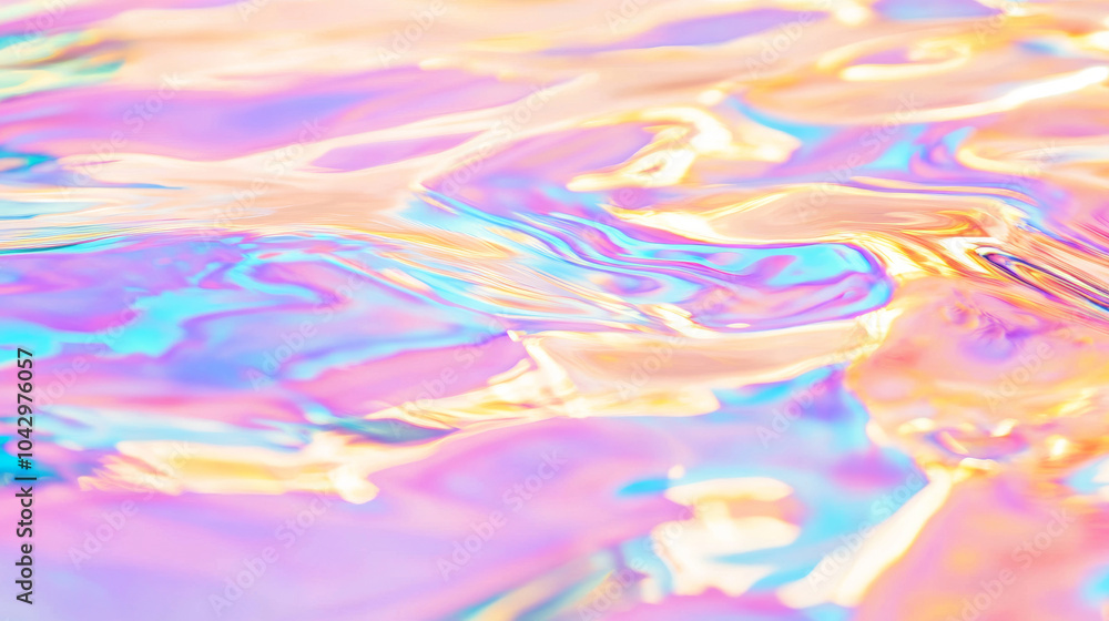 Fototapeta premium 3D iridescent glossy pastel rainbow water holographic ocean wave dynamic motion splash flow surface with sun glare glittering shimmering background for graphic design and wallpaper with copy space