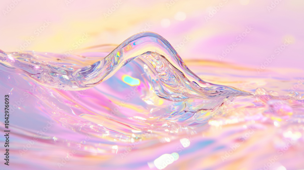 3D iridescent glossy pastel rainbow water holographic ocean wave dynamic motion splash flow surface with sun glare glittering shimmering background for graphic design and wallpaper with copy space 3D iridescent glossy pastel rainbow water holographic ocean wave dynamic motion splash flow surface with sun glare glittering shimmering background for graphic design and wallpaper with copy space