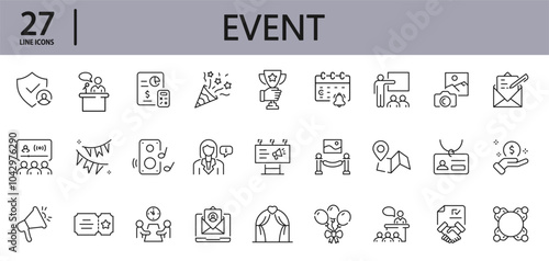 Event line icons set with Holiday, Event, Meeting, Festival, Wedding, Party, Awarding, Performance, Webinar and more. Editable Stroke