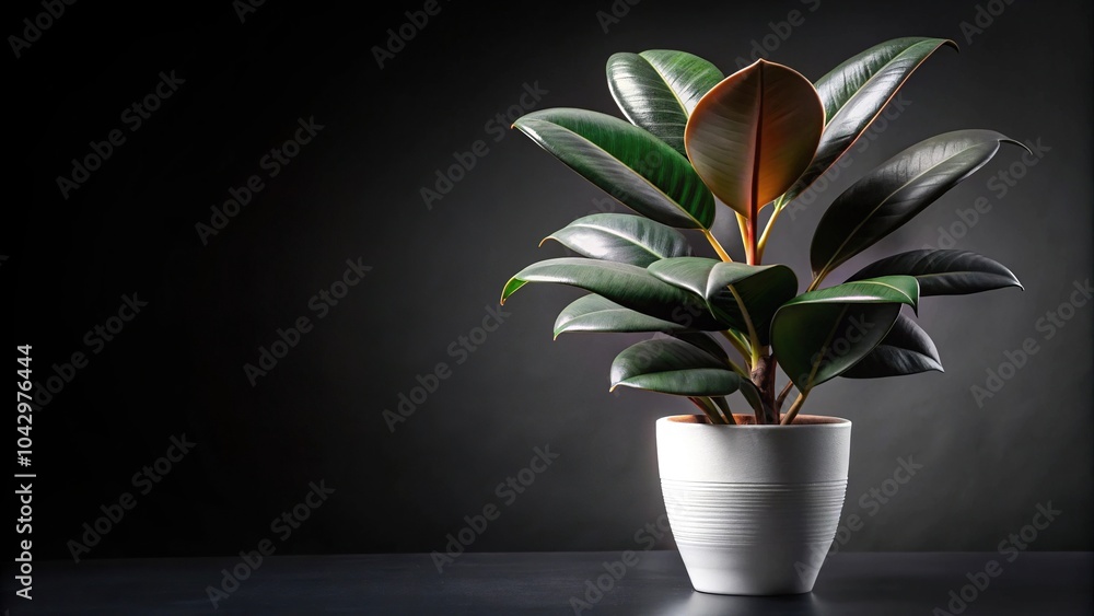 Elegant rubber plant in white glossy pot against black background Elegant rubber plant in white glossy pot against black background