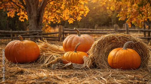 A vibrant autumn scene with pumpkins, hay bales, and a golden sunset. Perfect for fall-themed projects and seasonal celebrations.