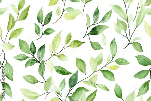 Seamless watercolor floral pattern with green leaves and branches on white background, ideal for wrapping paper, wallpapers, postcards, greeting cards, wedding invitations, and romantic event designs