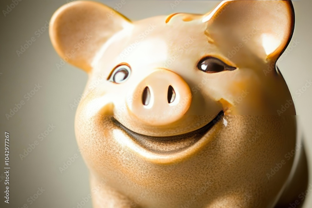 A close-up of a cheerful ceramic piggy bank with a shiny finish. A close-up of a cheerful ceramic piggy bank with a shiny finish.