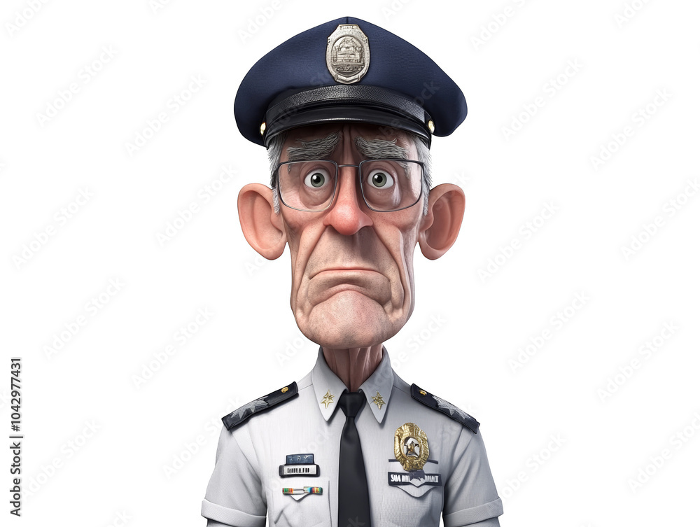 A cartoonish, exaggerated police officer with large glasses and a stern expression, dressed in a formal uniform and a police cap. A cartoonish, exaggerated police officer with large glasses and a stern expression, dressed in a formal uniform and a police cap.