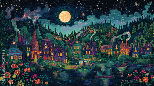 Whimsical nighttime village with vibrant houses by a lake, illuminated under a glowing full moon, surrounded by lush flowers and trees