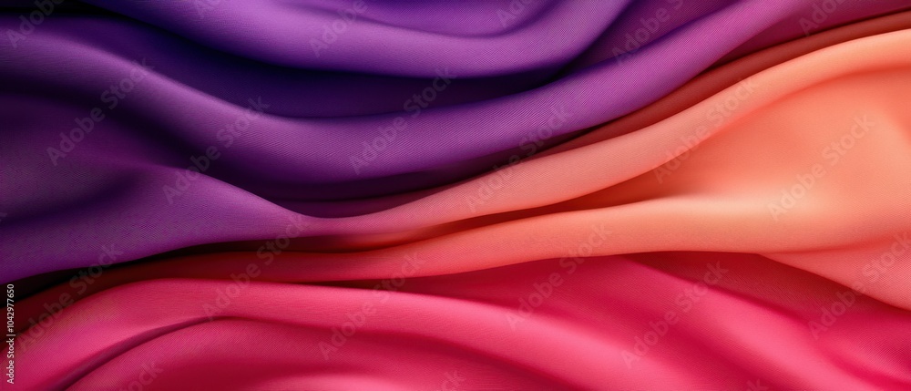 Fototapeta premium Abstract Gradient Fabric Texture, Purple, Orange, and Pink Draped Silk with Soft, Flowing Waves