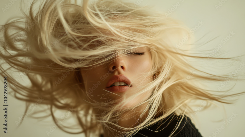 A young woman with flowing blonde hair plays with her tresses against a pale background, creating an ethereal and dynamic atmosphere A young woman with flowing blonde hair plays with her tresses against a pale background, creating an ethereal and dynamic atmosphere