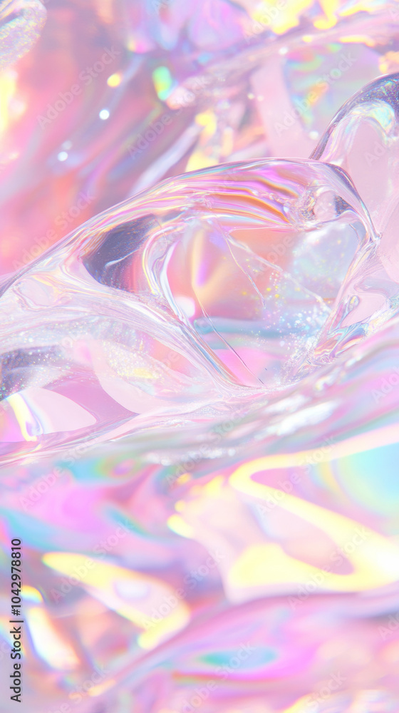 Fototapeta premium 3D iridescent glossy pastel rainbow water holographic ocean wave dynamic motion splash flow surface with sun glare glittering shimmering background for graphic design and wallpaper with copy space