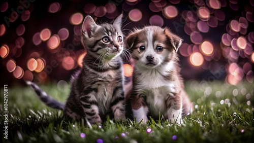 Cute Cat, kitten and puppy outdoors in long green grass in bake background white and Pink