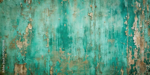 Fototapeta Naklejka Na Ścianę i Meble -  A weathered wooden surface with peeling teal paint revealing the underlying wood grain.  The paint is faded and chipped, revealing a textured and worn surface.
