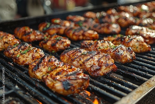 Close-up of Grilled Chicken Pieces on a Barbecue Grill