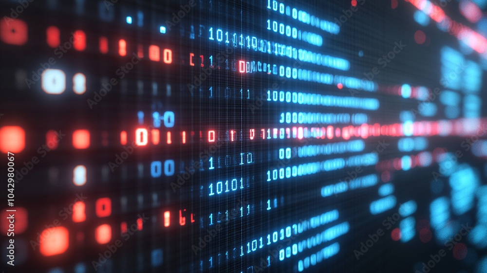 Digital data streams create vibrant cyberpunk background with red and blue binary code. This visually striking image evokes sense of technology and innovation Digital data streams create vibrant cyberpunk background with red and blue binary code. This visually striking image evokes sense of technology and innovation