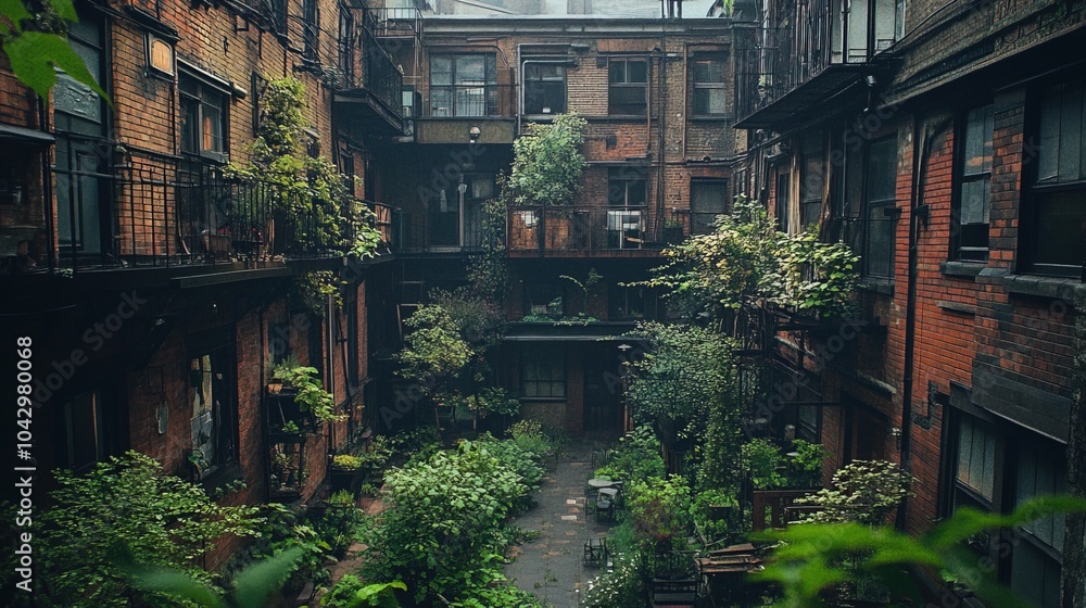 Fototapeta premium Urban courtyard with overgrown vegetation surrounded by brick building