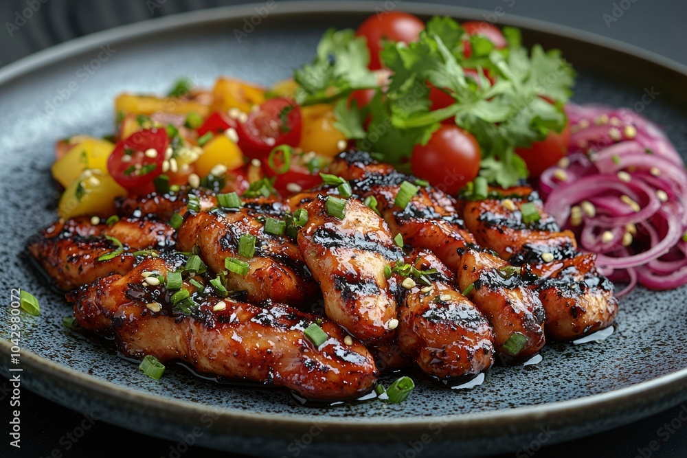 Glazed Chicken Skewers with Red Onion, Tomatoes, and Yellow Peppers Glazed Chicken Skewers with Red Onion, Tomatoes, and Yellow Peppers