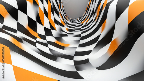 black and white checkered pattern with vibrant orange accents, creating dynamic visual effect that draws viewer in