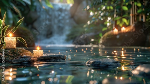 Stacked stones and burning candle with bamboo stem on water. spa and wellness concept. photo