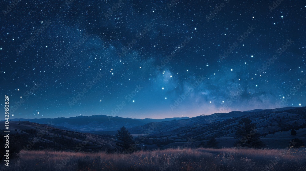 Starry night sky with stars and mountains in the background Starry night sky with stars and mountains in the background
