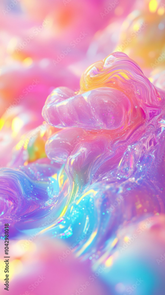 Obraz premium 3D iridescent glossy pastel rainbow water holographic ocean wave dynamic motion splash flow surface with sun glare glittering shimmering background for graphic design and wallpaper with copy space