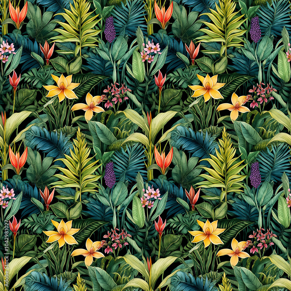 Obraz premium Vibrant tropical leaves and flowers seamless pattern. Pattern for wallpaper, background, print on fabric and paper.