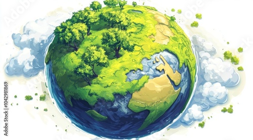 A colorful artistic portrayal of Earth, symbolizing the connection between nature and humanity, urging for environmental preservation and sustainable living for future generations. photo