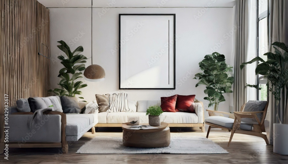 Fototapeta premium Mock up poster frame in home interior background, Modern style living room, 3D render