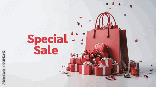 Red shopping bags with gifts on white background. Christmas sale concept..